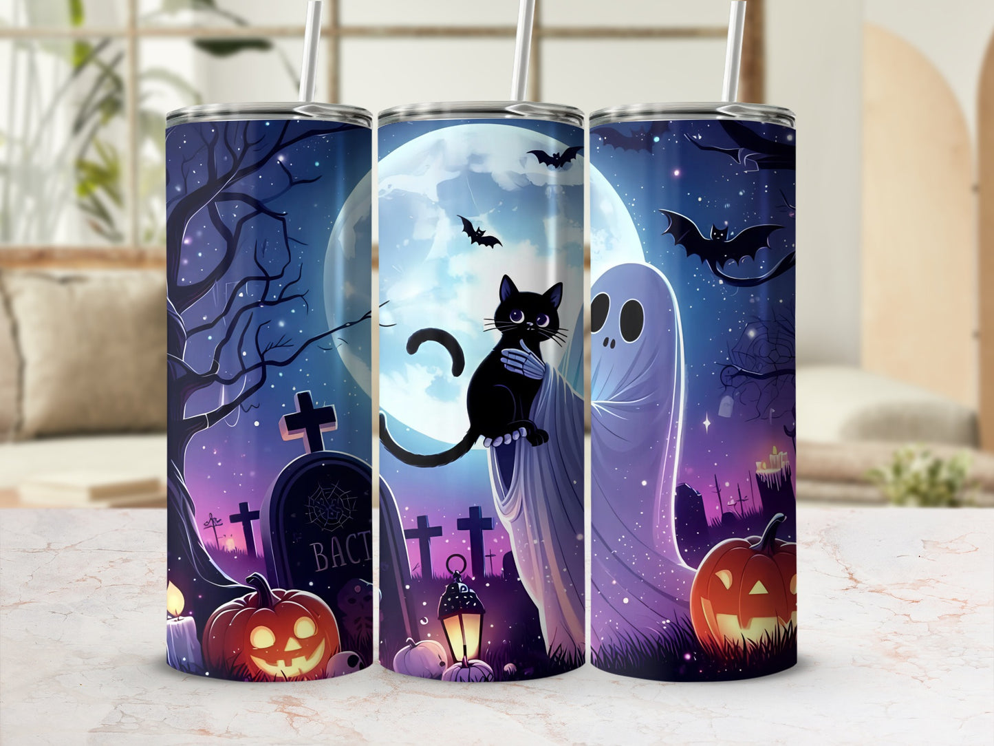 Three tumblers with Halloween graveyard design featuring a black cat and ghost.
