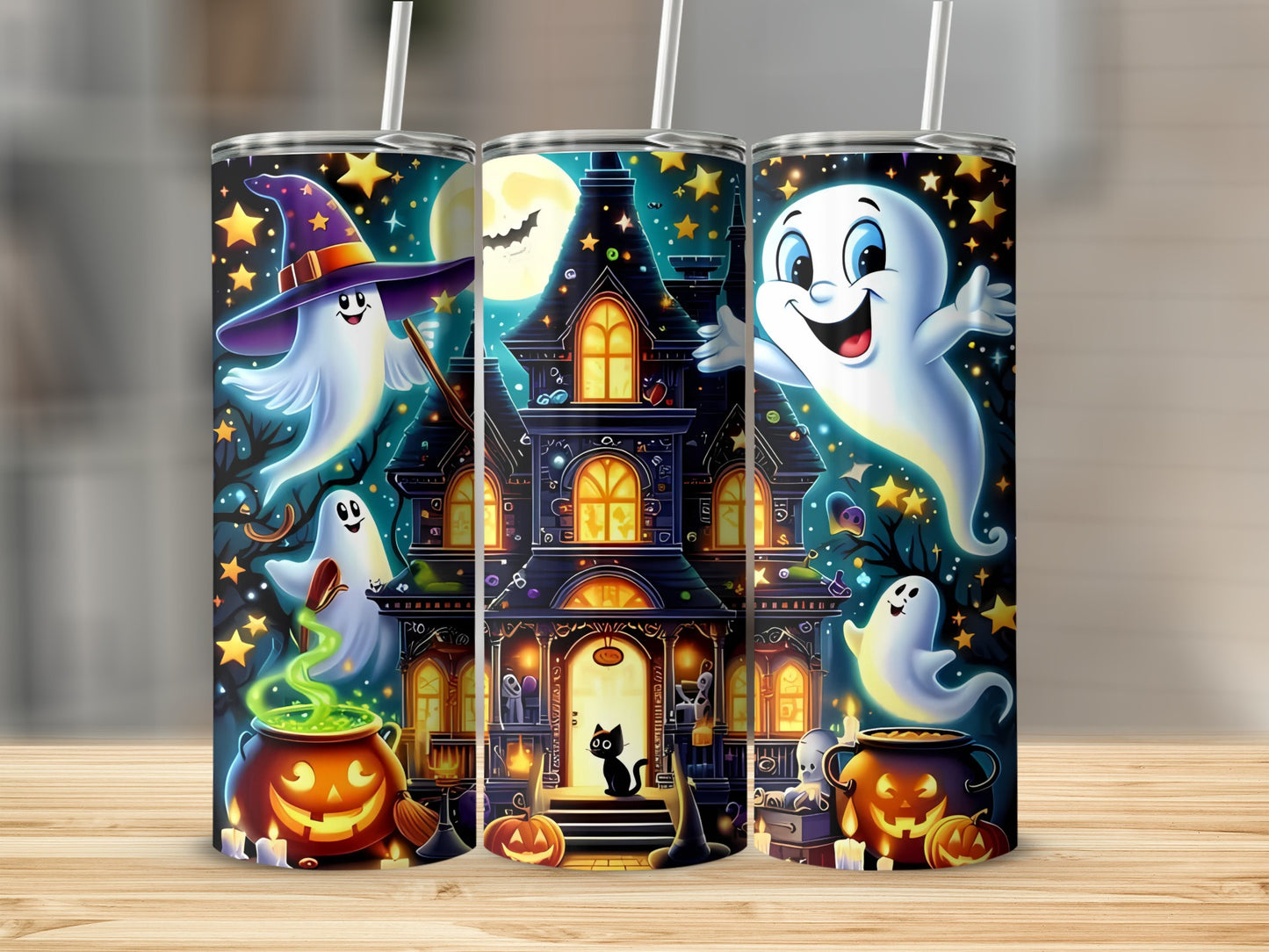 Halloween tumblers feature ghosts, a haunted house, pumpkins, and a black cat.