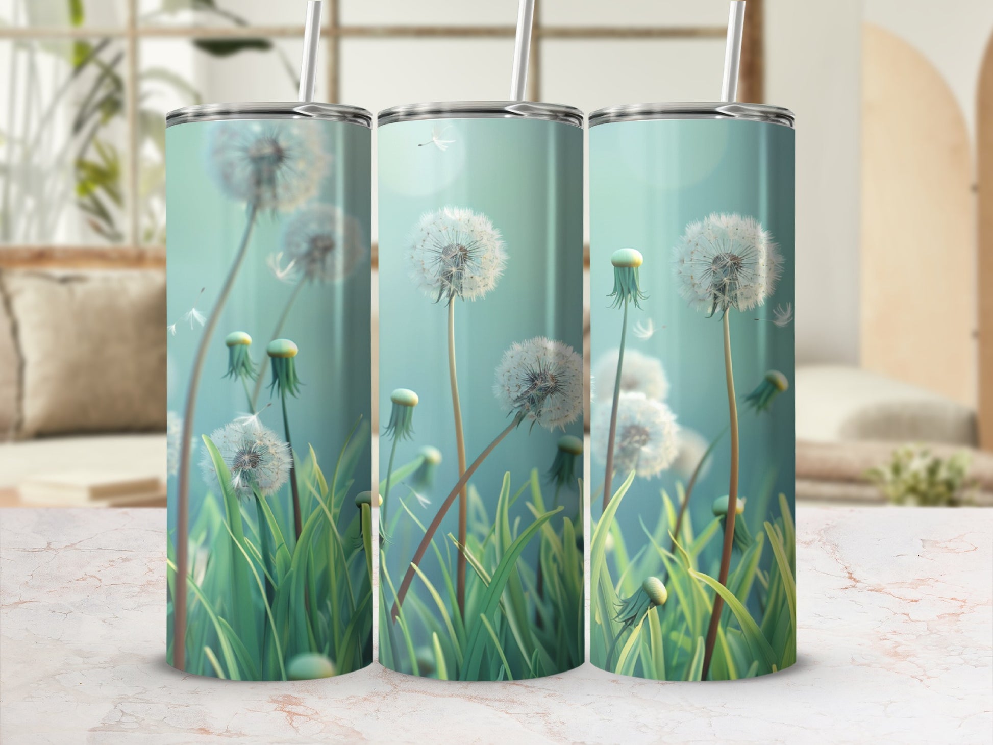 Dandelion seed heads and stalks on a light blue background.