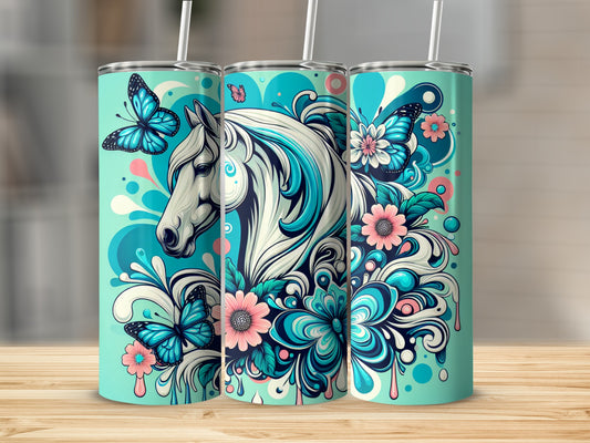 Turquoise tumbler with white horse and blue butterflies and pink flowers.