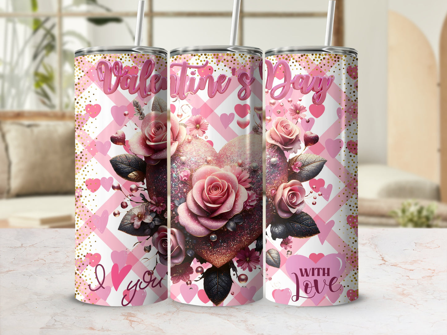 Valentine's Day Glitter Heart and Rose Tumbler