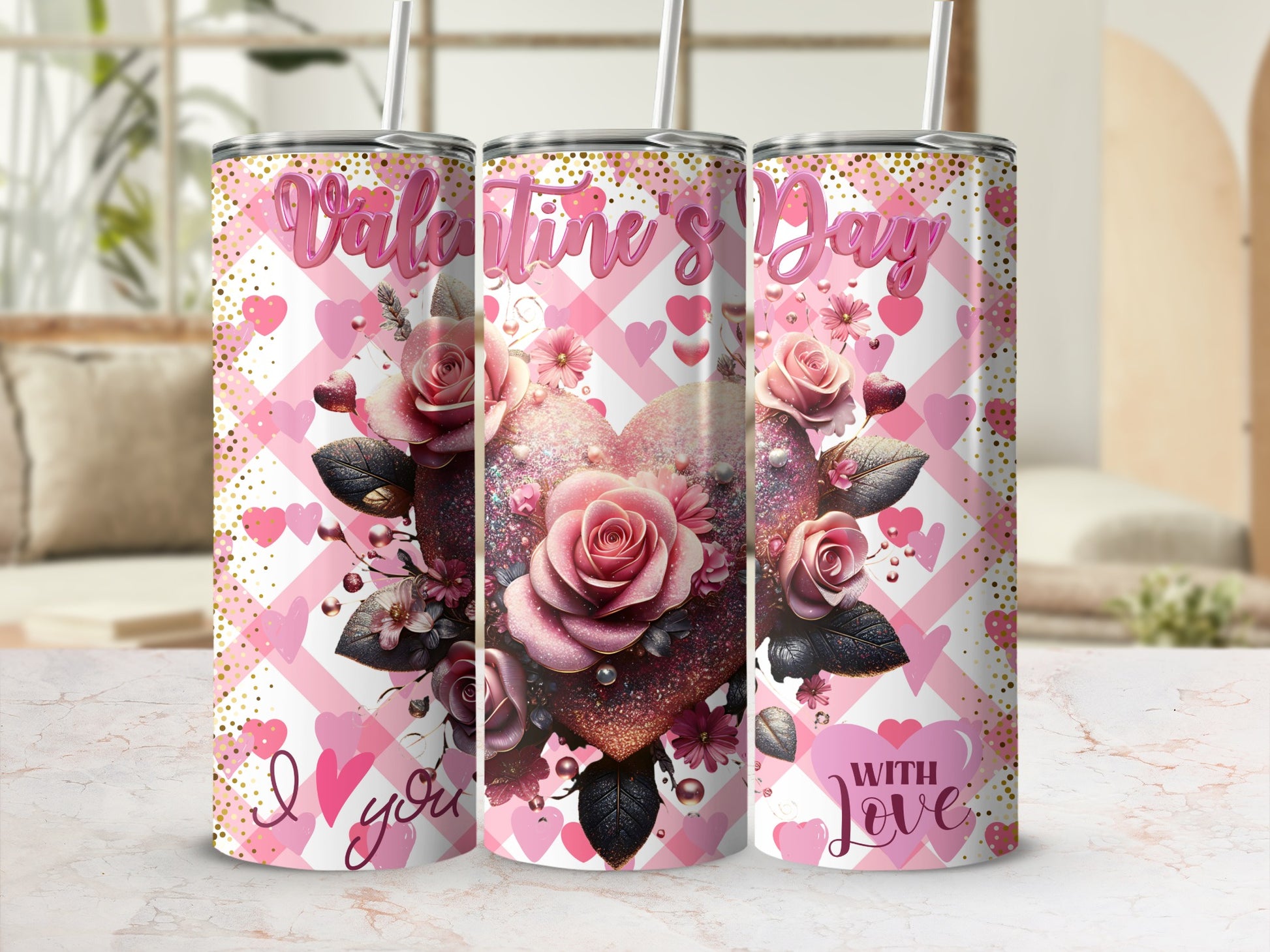 Valentine's Day Glitter Heart and Rose Tumbler