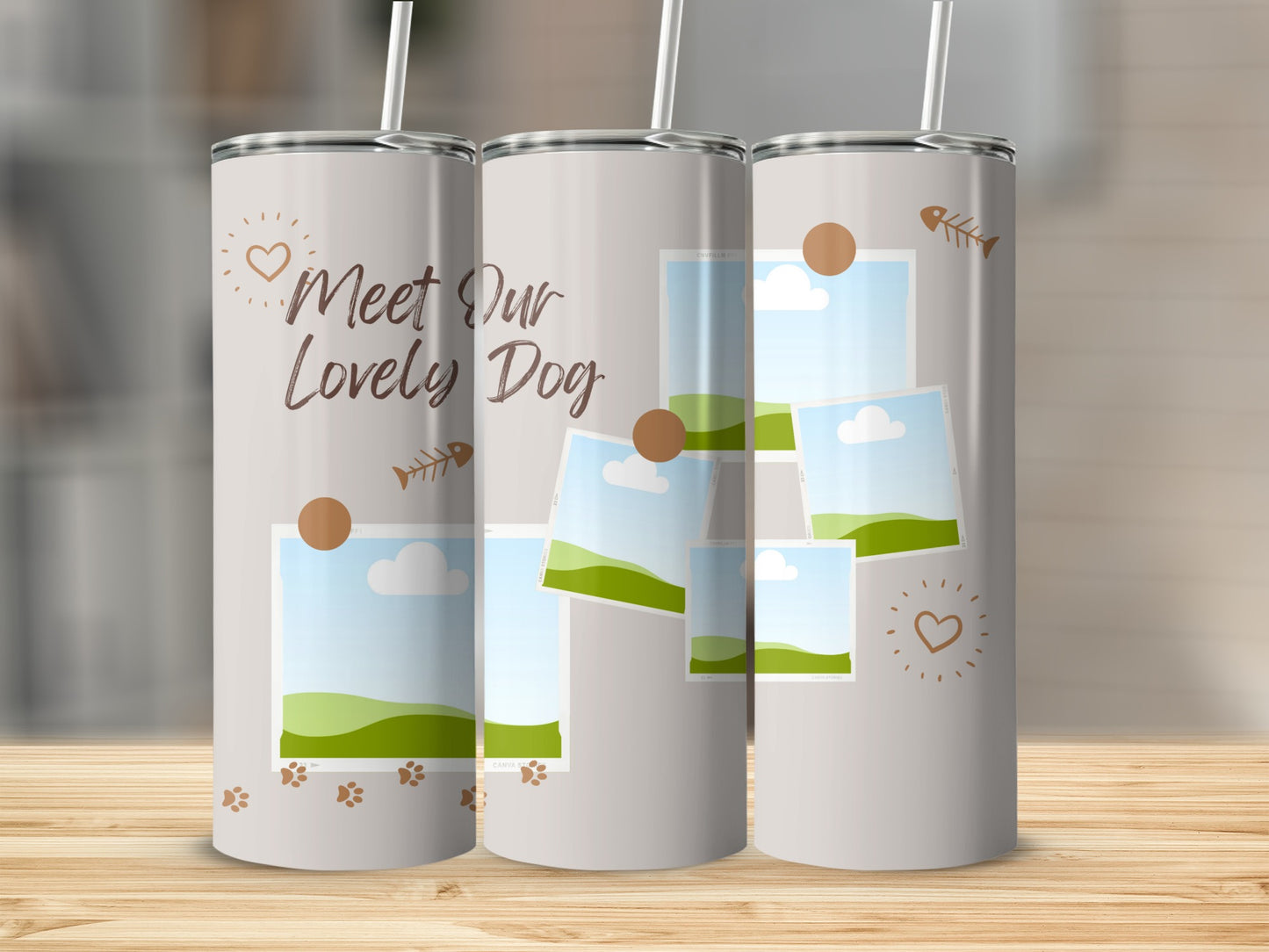 Tumblers with "Meet Our Lovely Dog" text and a photo collage design.