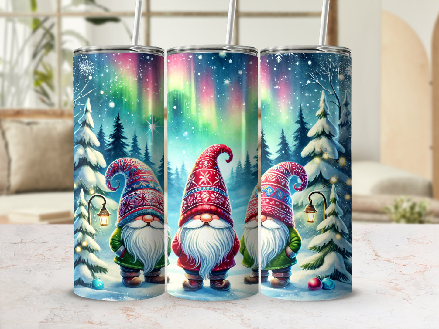 Three Christmas gnomes in a snowy forest under the Northern Lights.