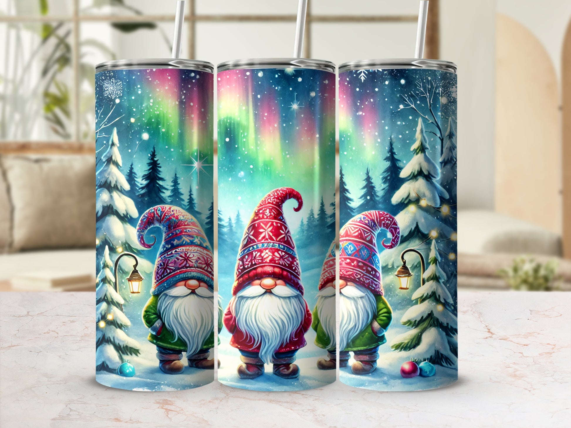 Three Christmas gnomes in a snowy forest under the Northern Lights.