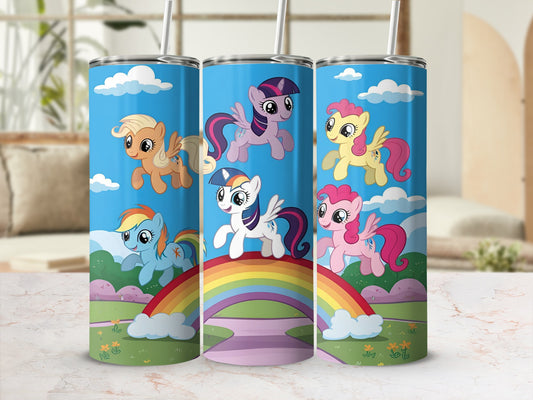My Little Pony characters on a rainbow over a grassy hill with clouds.