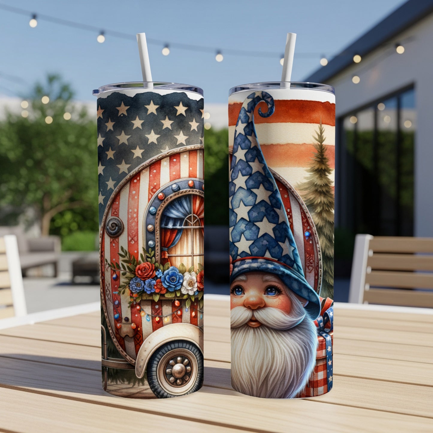 Two patriotic-themed tumblers with stars and stripes, one showing a camper, the other a gnome.