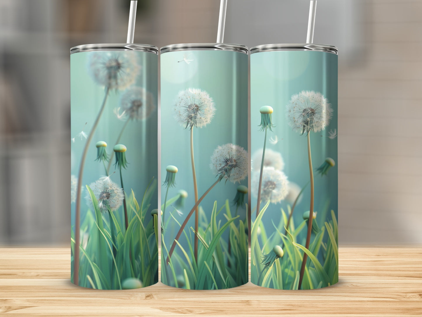 Three tumblers with dandelion seed heads and grass design on wooden surface.