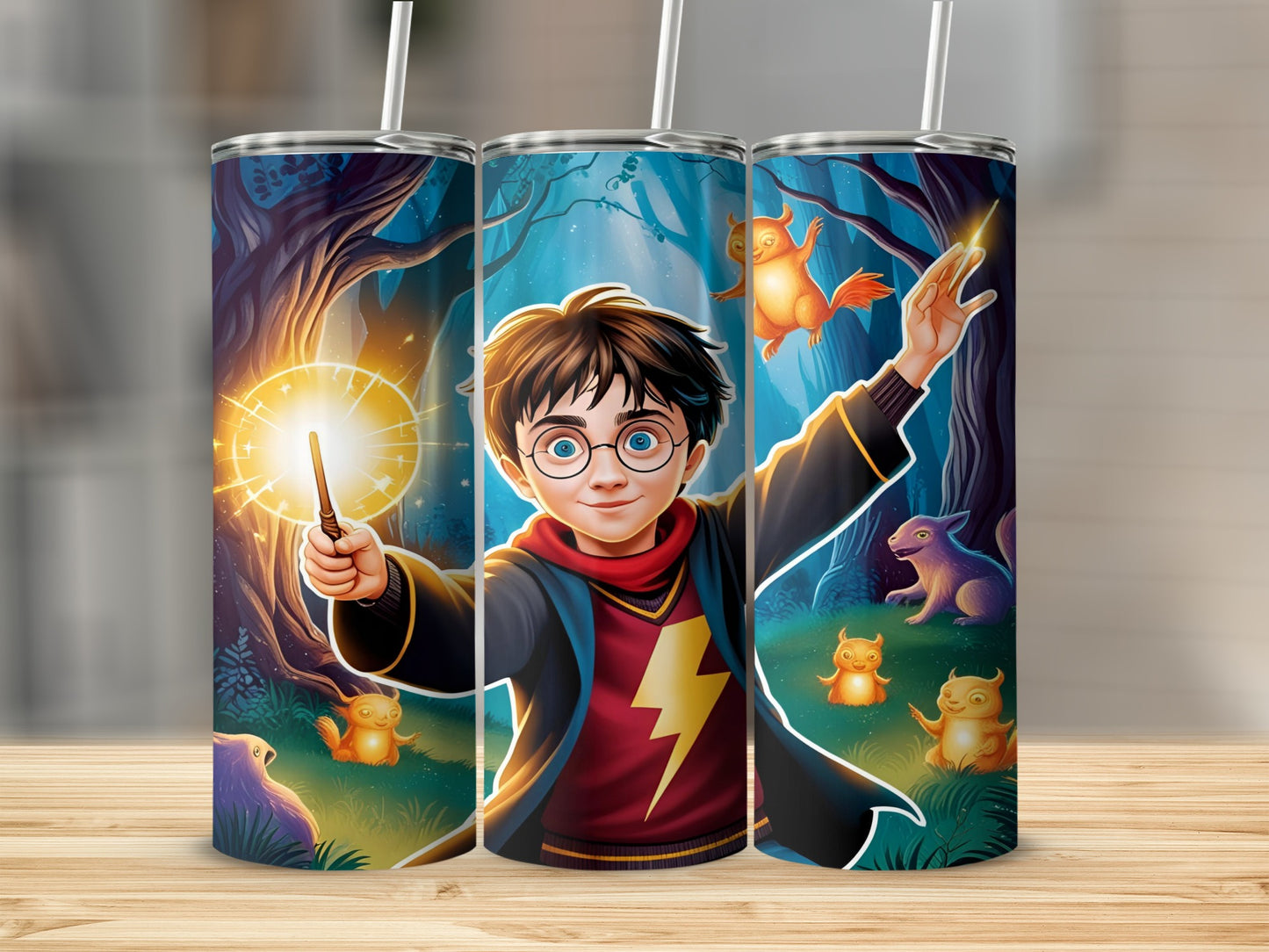 Harry Potter character with wand in forest surrounded by magical creatures.