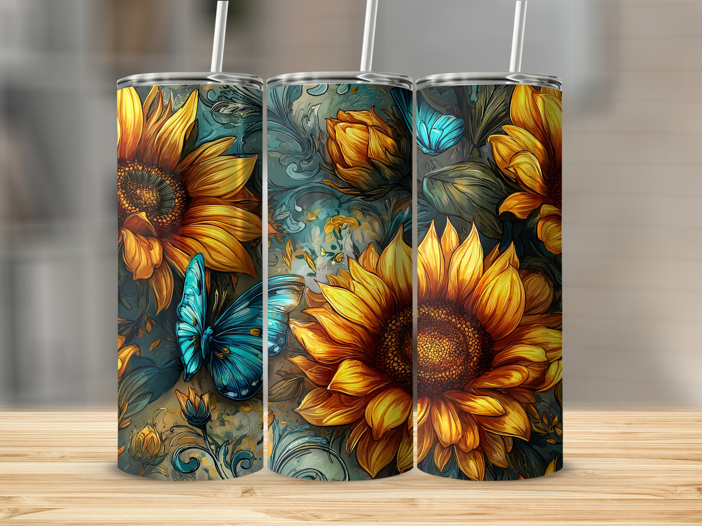 Beautiful Sunflower and Butterfly Tumbler Design