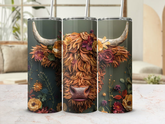 Tumbler with a floral Highland cow design.