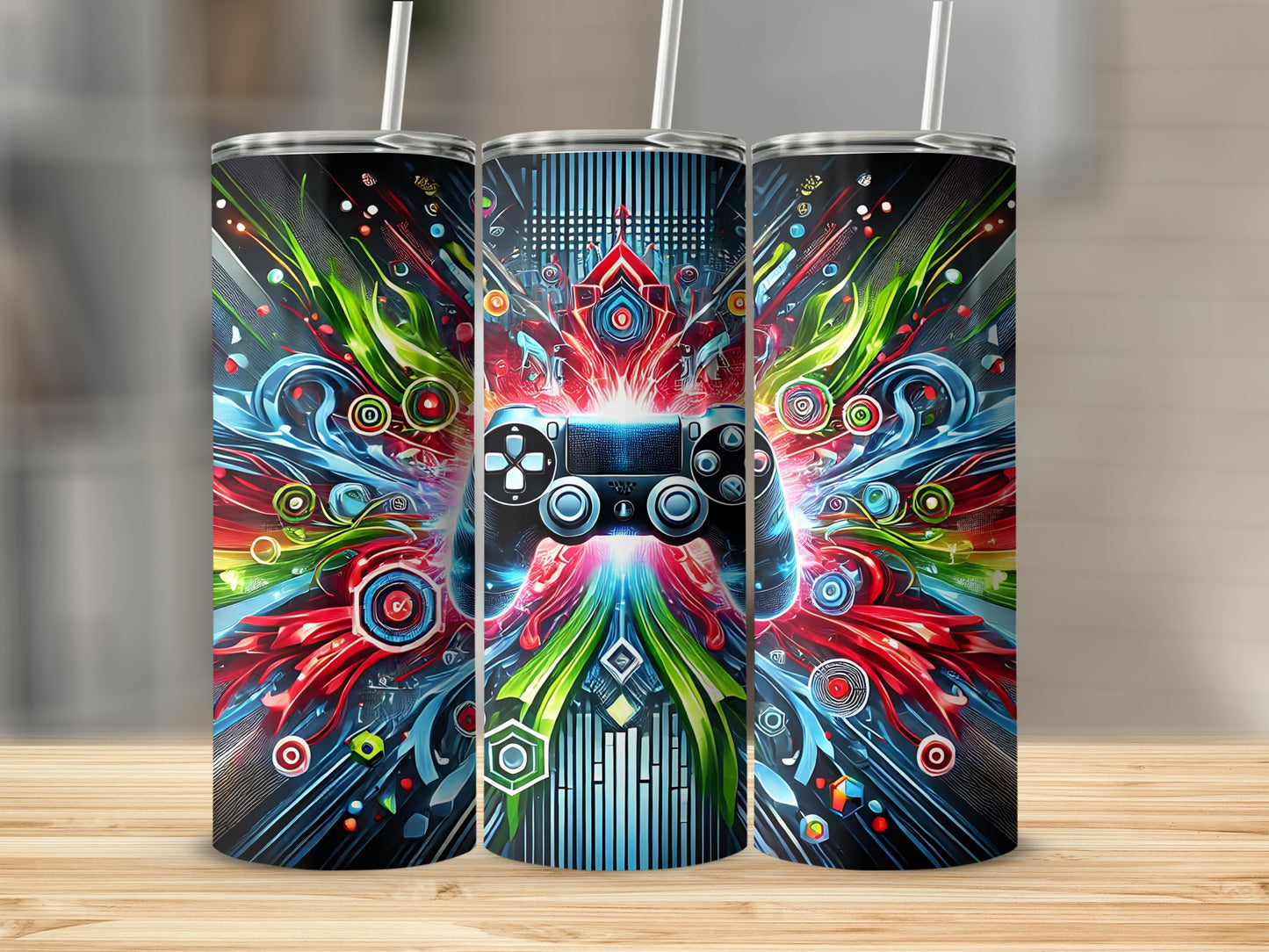 Gaming controller design on three stacked tumblers with colorful abstract explosion background.