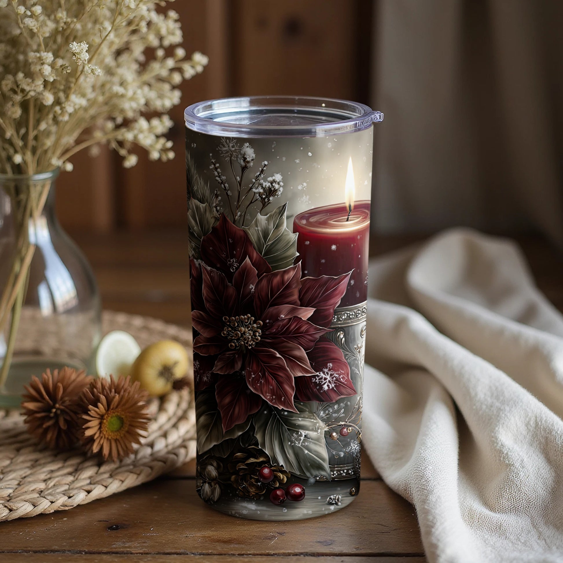 Festive Candle and Poinsettia Themed Tumbler