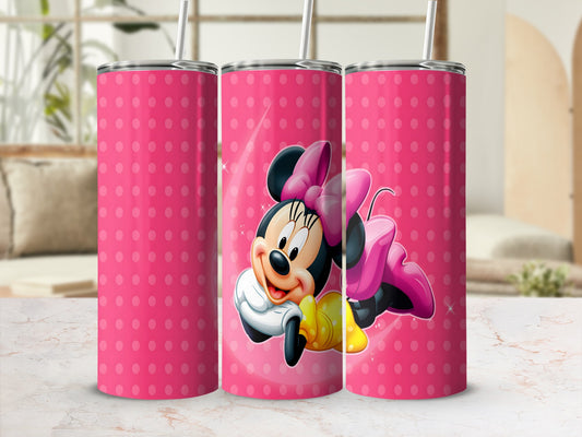 Three pink tumblers with polka dots and Minnie Mouse graphic.