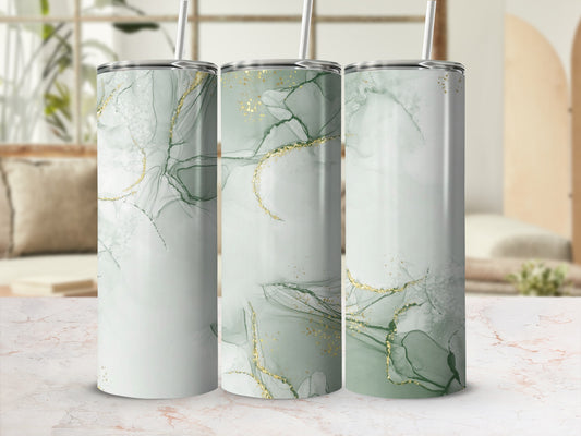 Three tumblers with green and gold abstract marbled design.