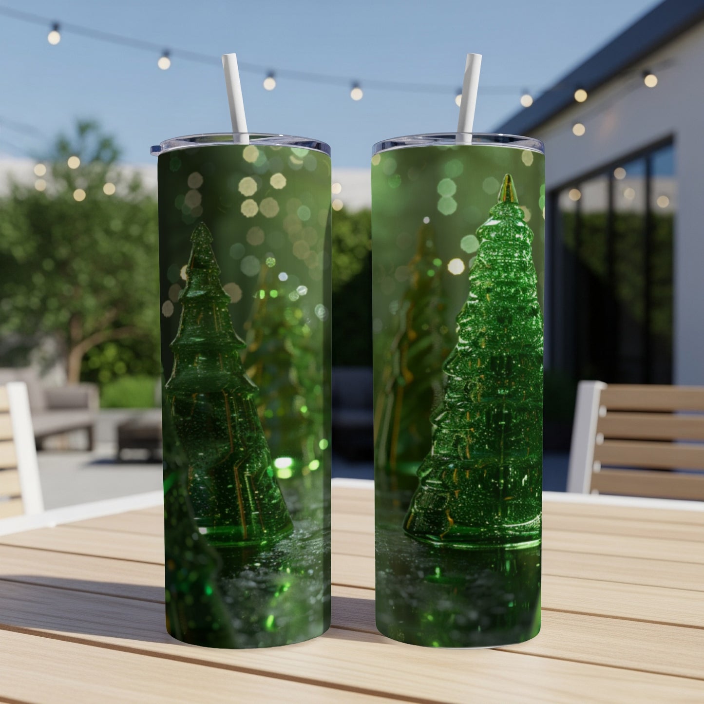 Two green glass Christmas trees with bokeh background on a table.