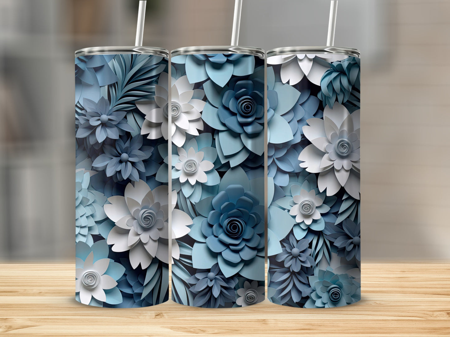 3D Blue and Gray Floral Pattern Tumbler product