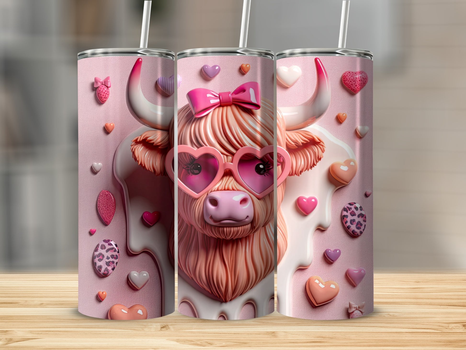 Pink Highland cow with heart sunglasses and bow on a patterned tumbler.