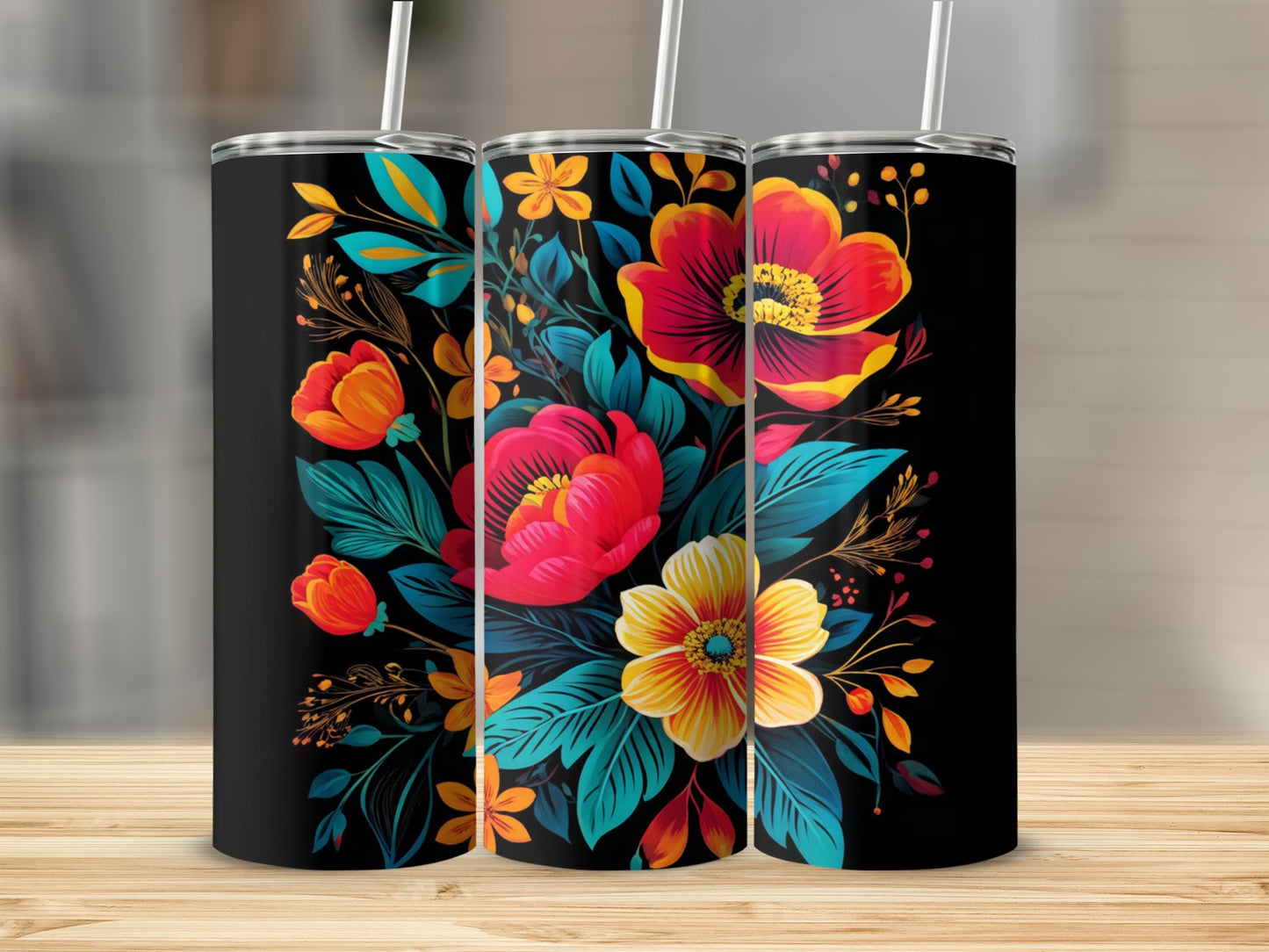 Three black tumblers decorated with a vibrant floral pattern on a wooden surface.