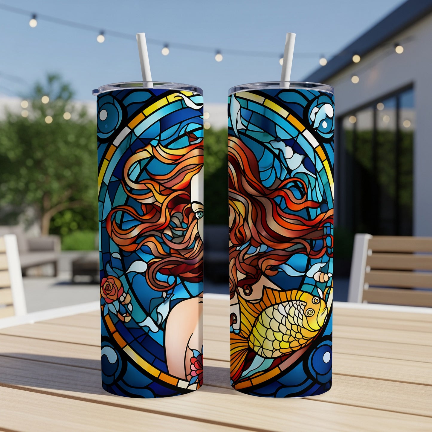 Two tumblers with stained glass mermaid and fish design.