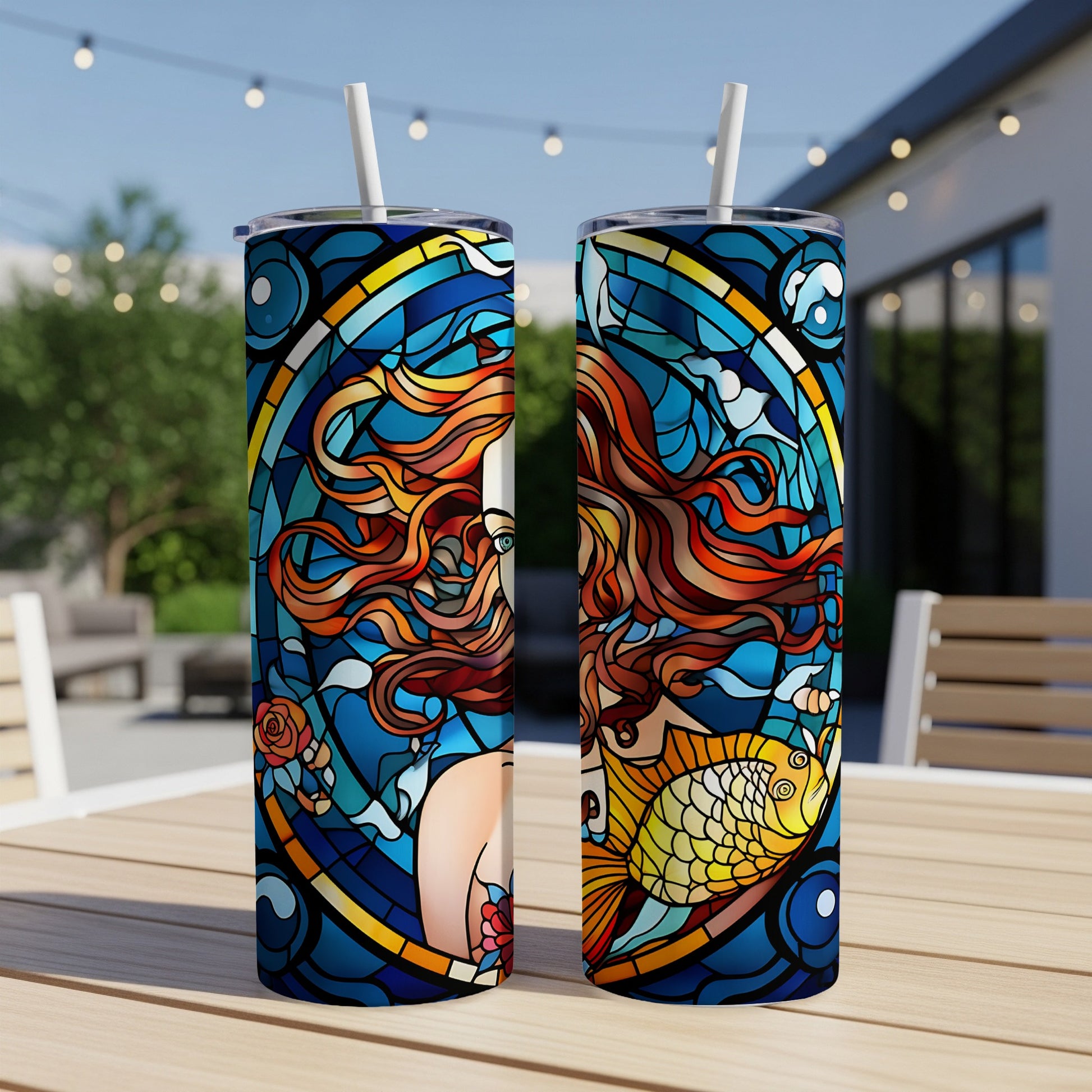 Two tumblers with stained glass mermaid and fish design.