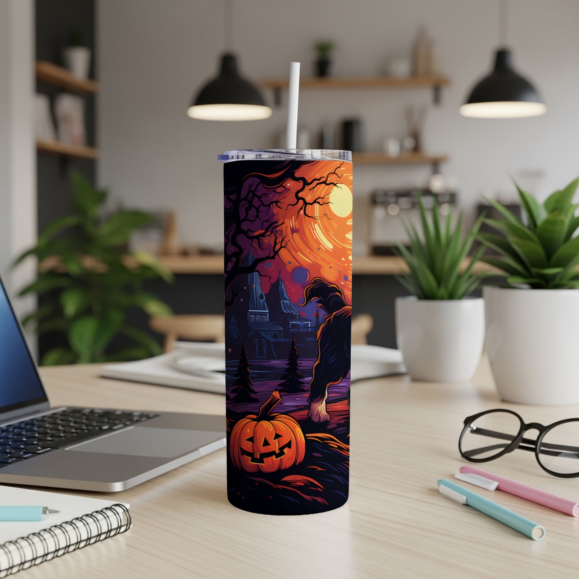 Halloween tumbler with spooky scene, jack-o'-lantern, and full moon.