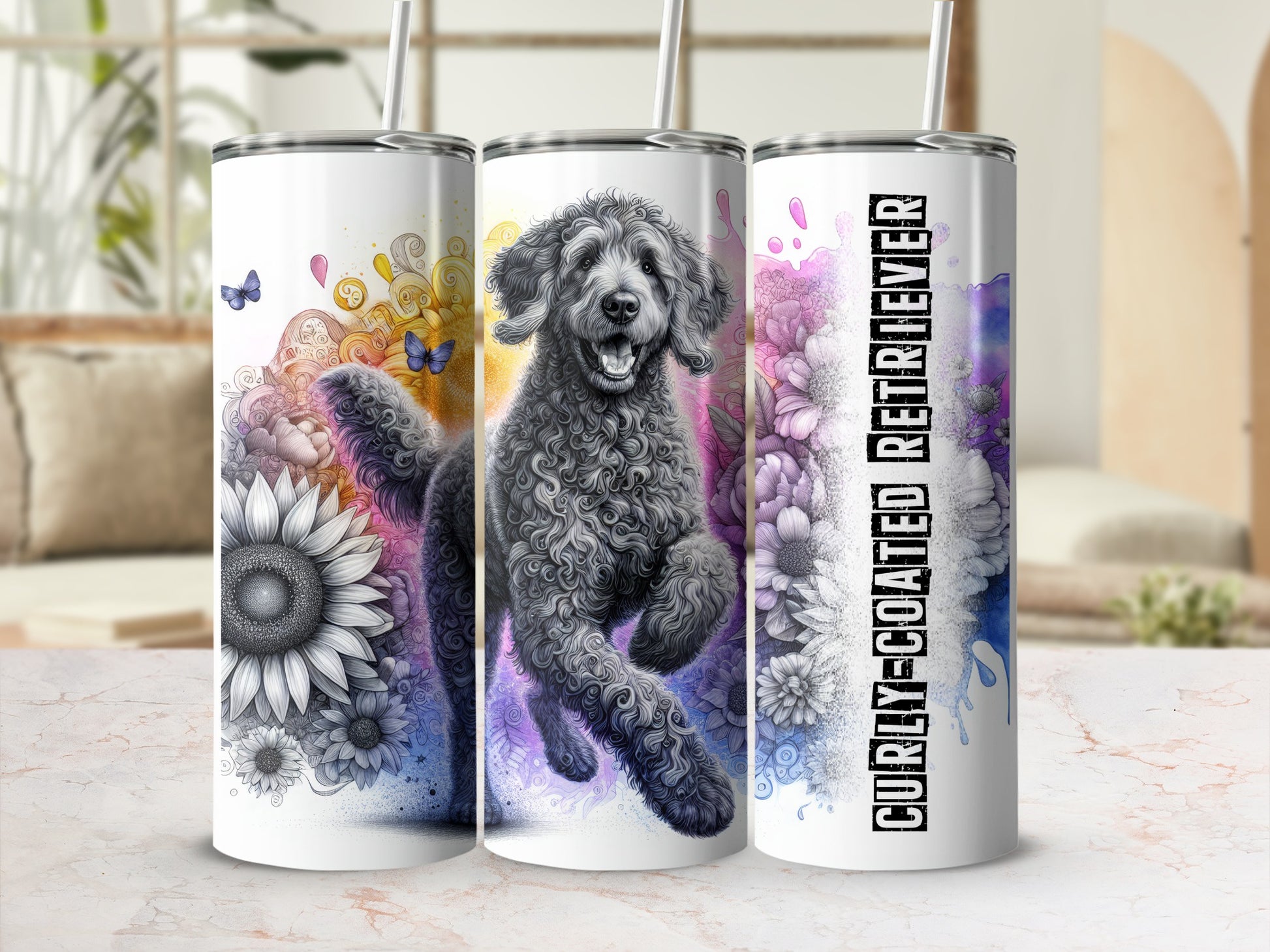 Tumbler featuring a curly-coated retriever and floral watercolor designs.