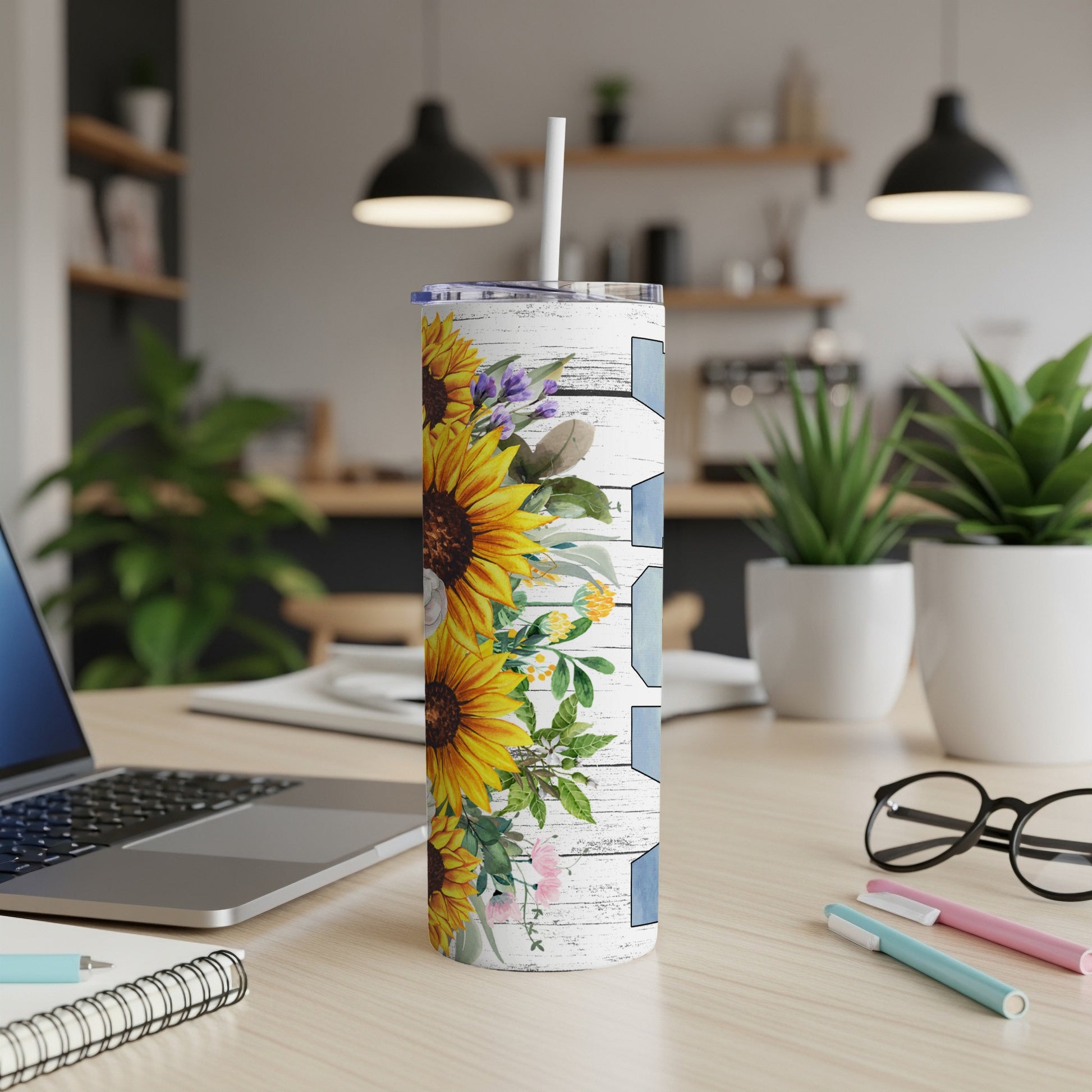 Sunflower and floral piano keys design on a white wood grain tumbler.