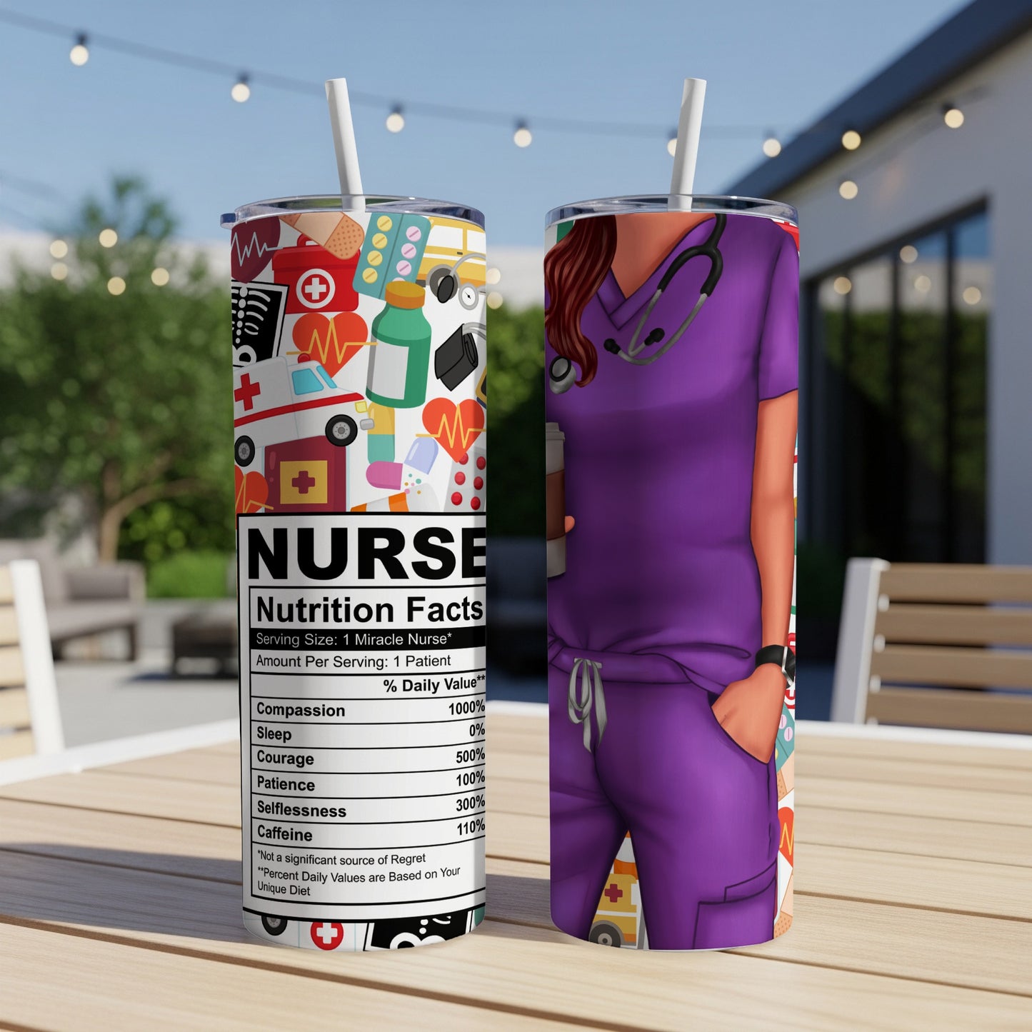 Purple nurse tumbler with nutrition facts label and medical icons.
