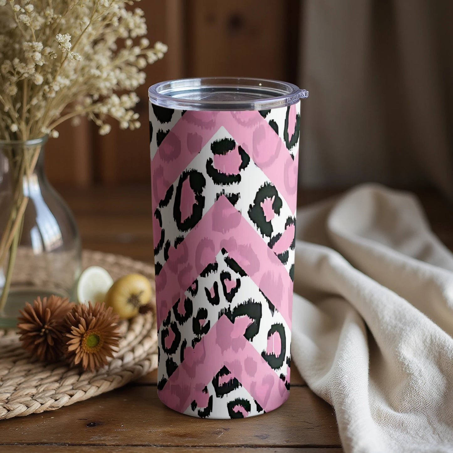 Pink Leopard Print Tumbler with Zigzag Design
