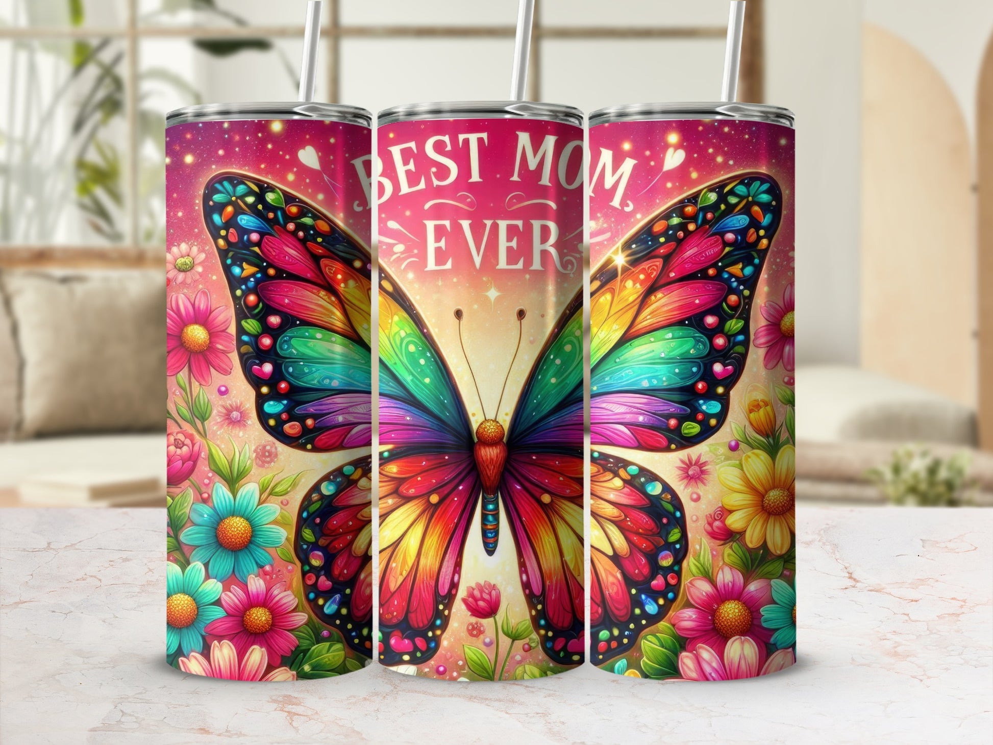 Best Mom Ever tumbler with colorful butterfly and floral design.