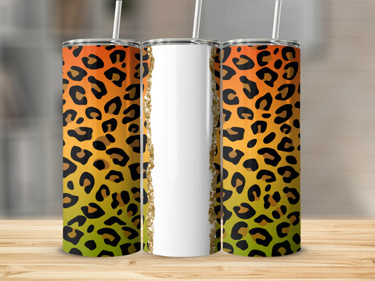 Three tall tumblers with leopard print and gradient backgrounds.