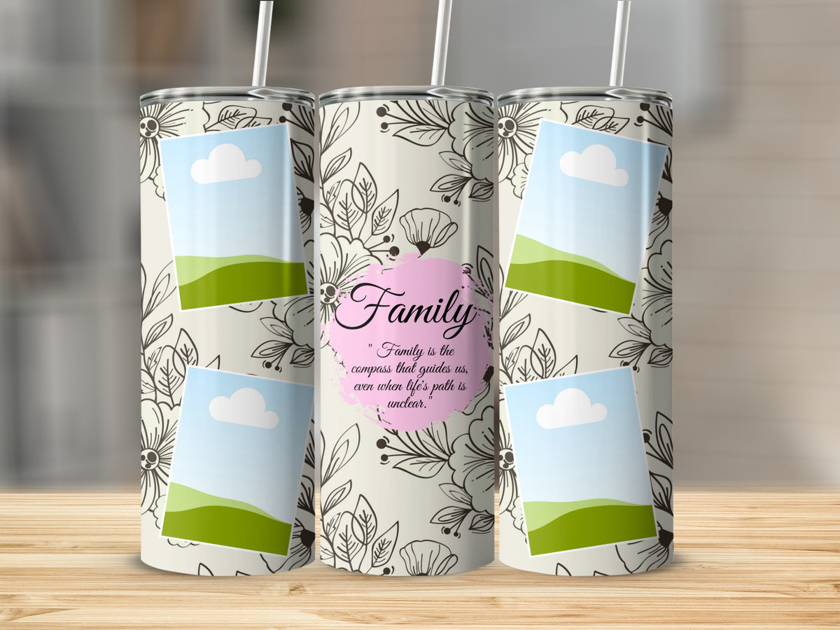 Three tumblers with floral pattern, photo frames, and "Family" quote.