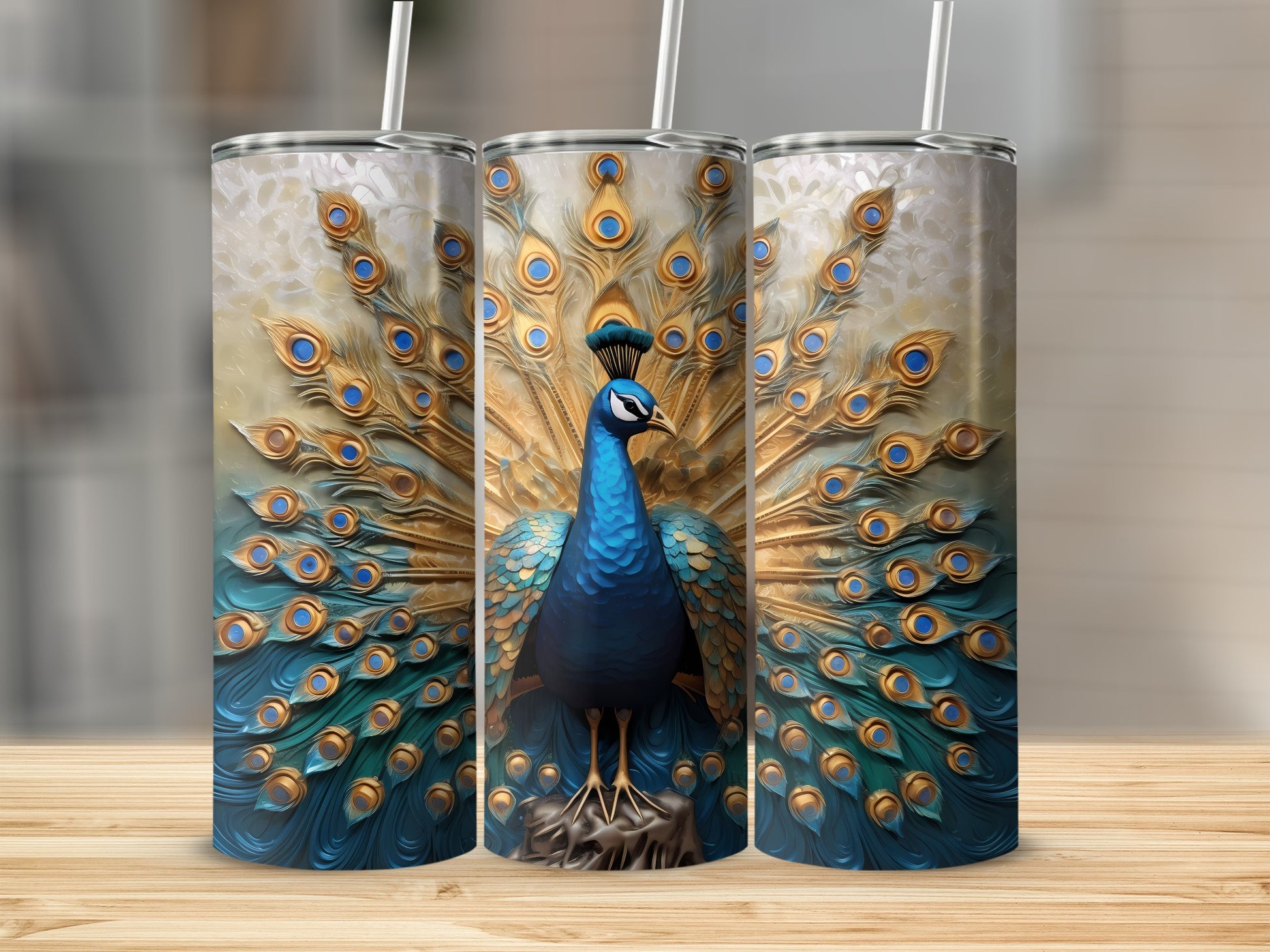 Three tumblers featuring a detailed peacock with fanned, iridescent tail feathers.