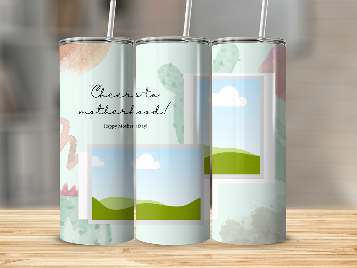 Tumblers with "Cheers to motherhood! Happy Mother's Day!" text and watercolor cacti.