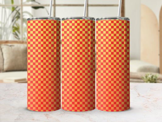 Three red and yellow checkered tumblers with straws.