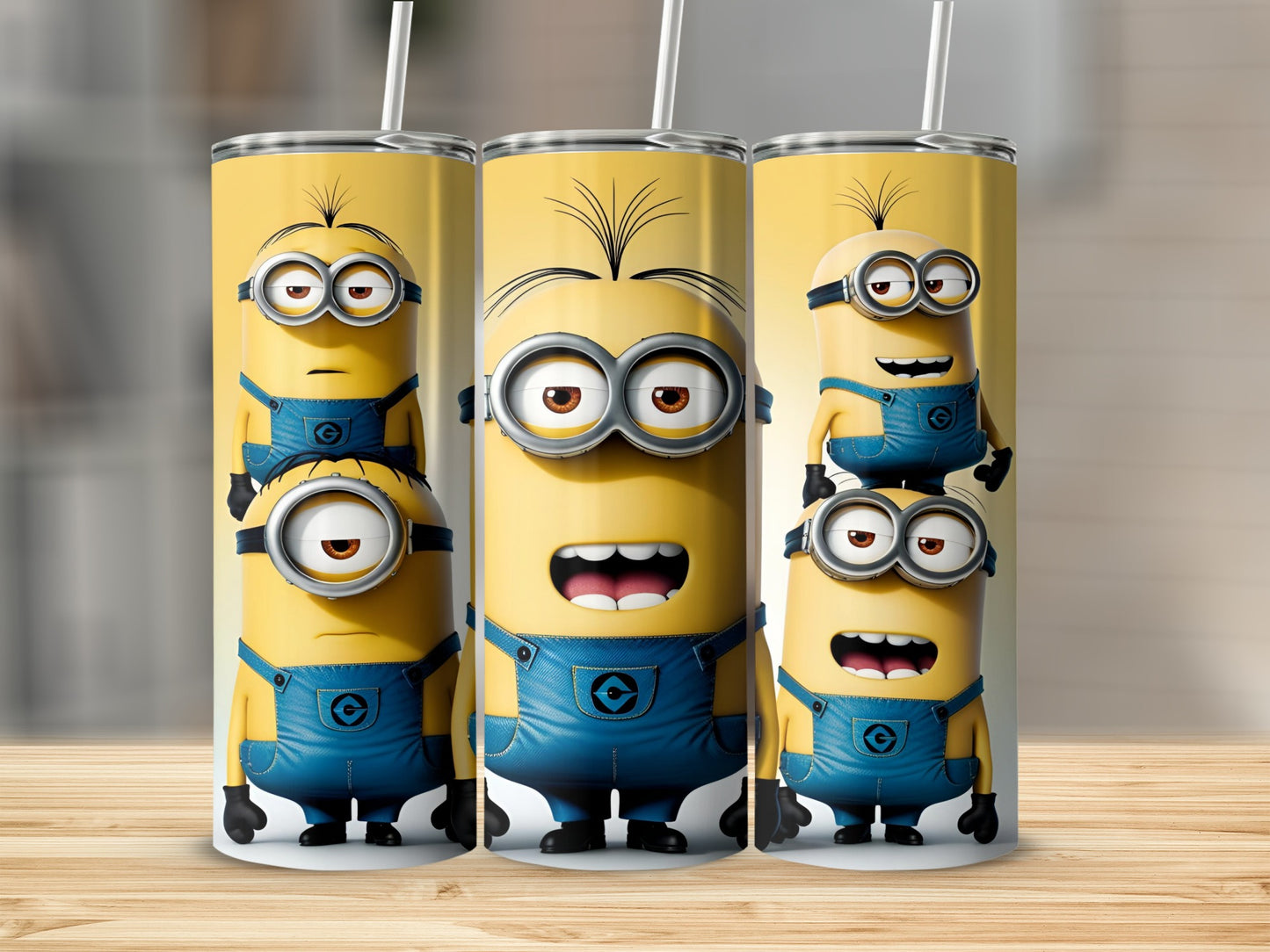 Three Minions characters in denim overalls on a yellow background.