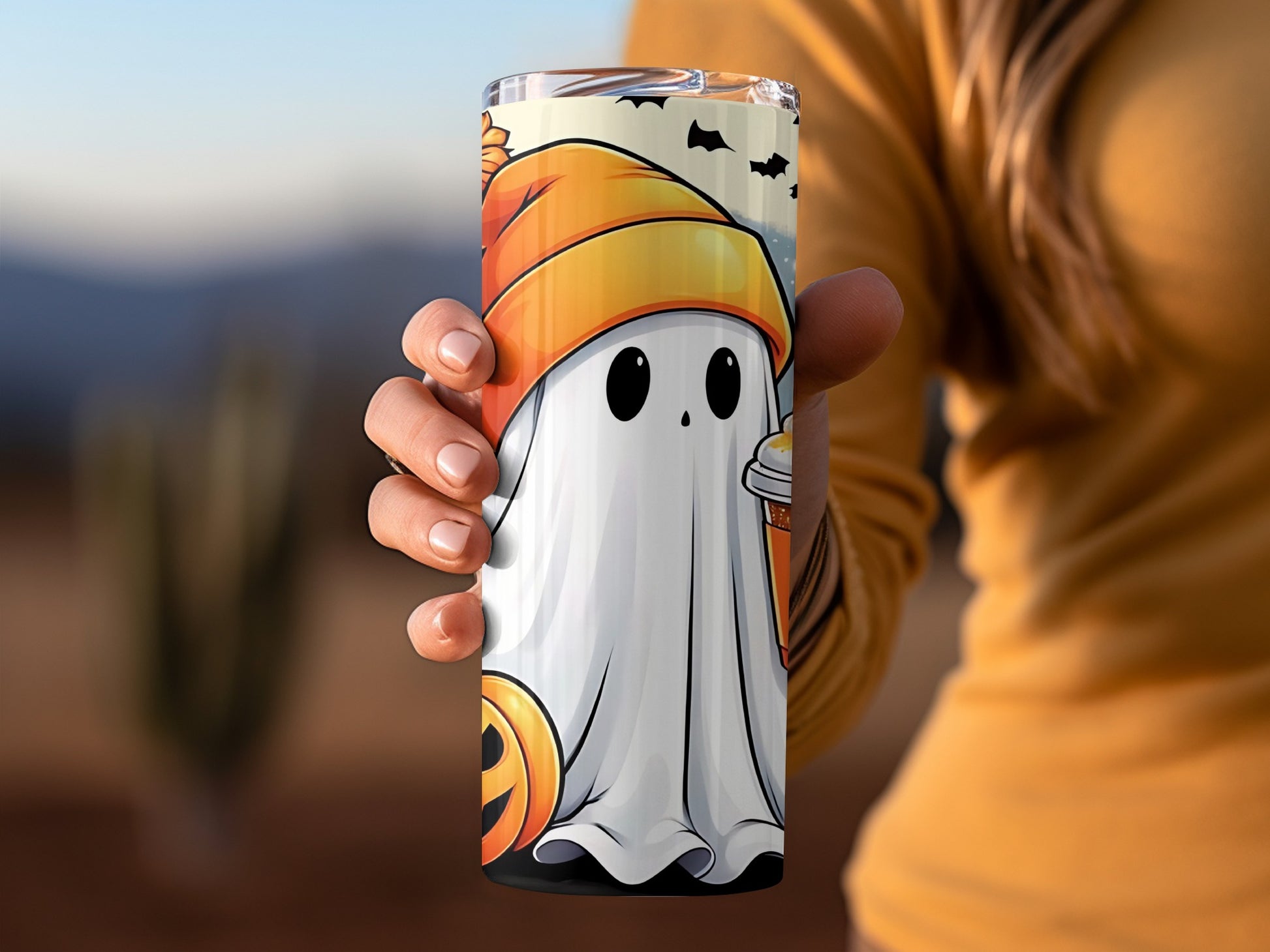 Cute Ghost Wearing an Orange Beanie Tumbler Product