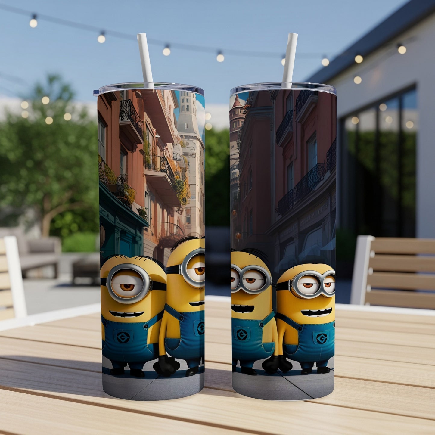 Two Minions characters on a blue background, displayed on two tumblers.