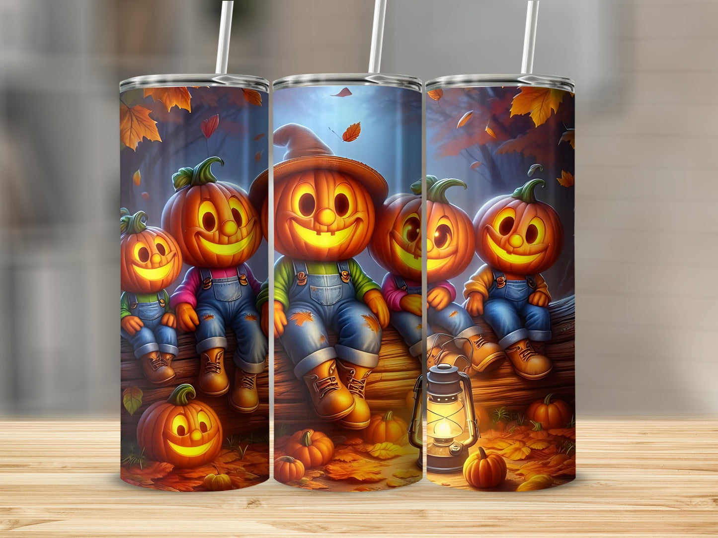 Five smiling jack-o'-lanterns in overalls sit on a log with a lantern.
