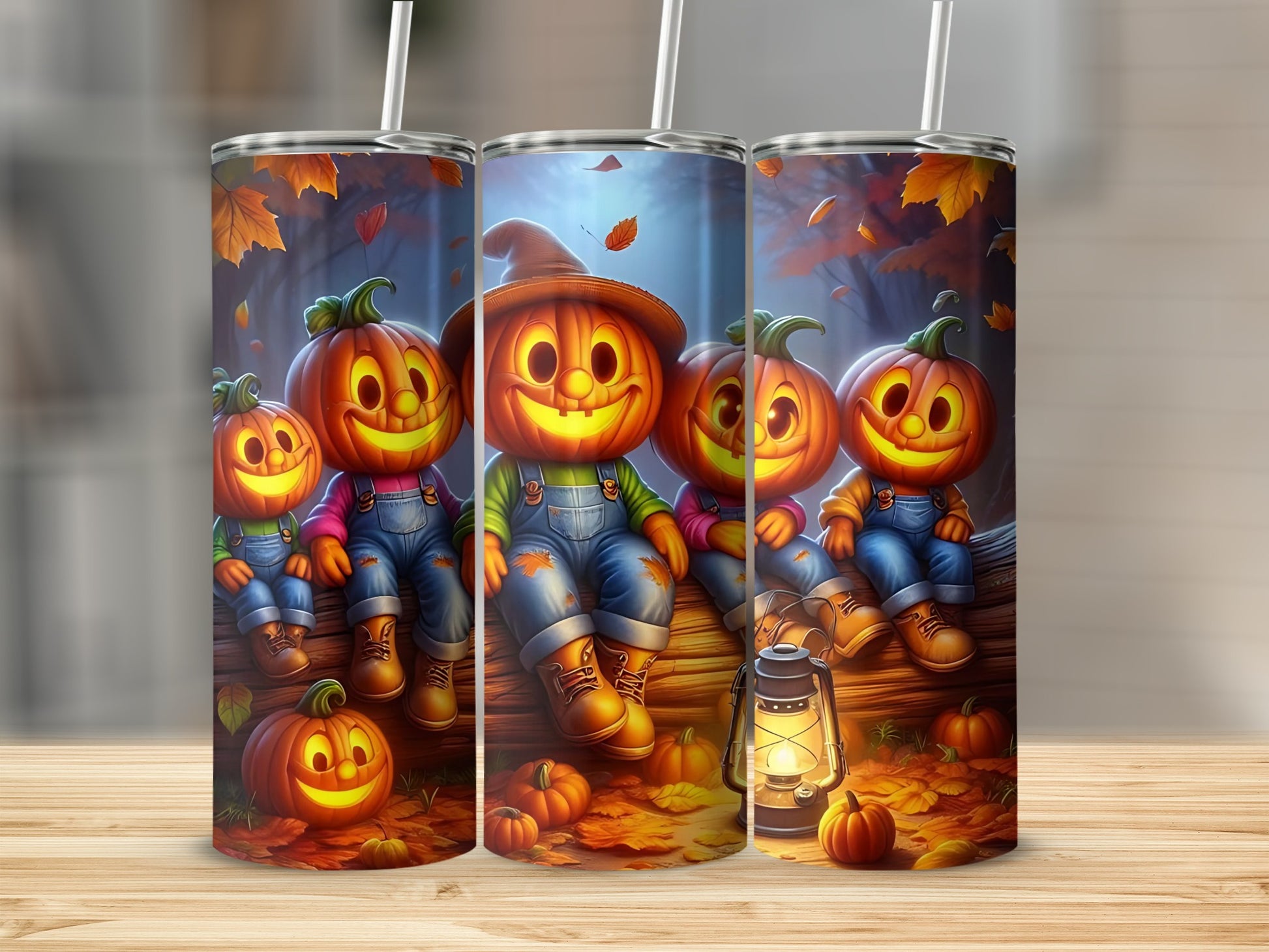 Five smiling jack-o'-lanterns in overalls sit on a log with a lantern.