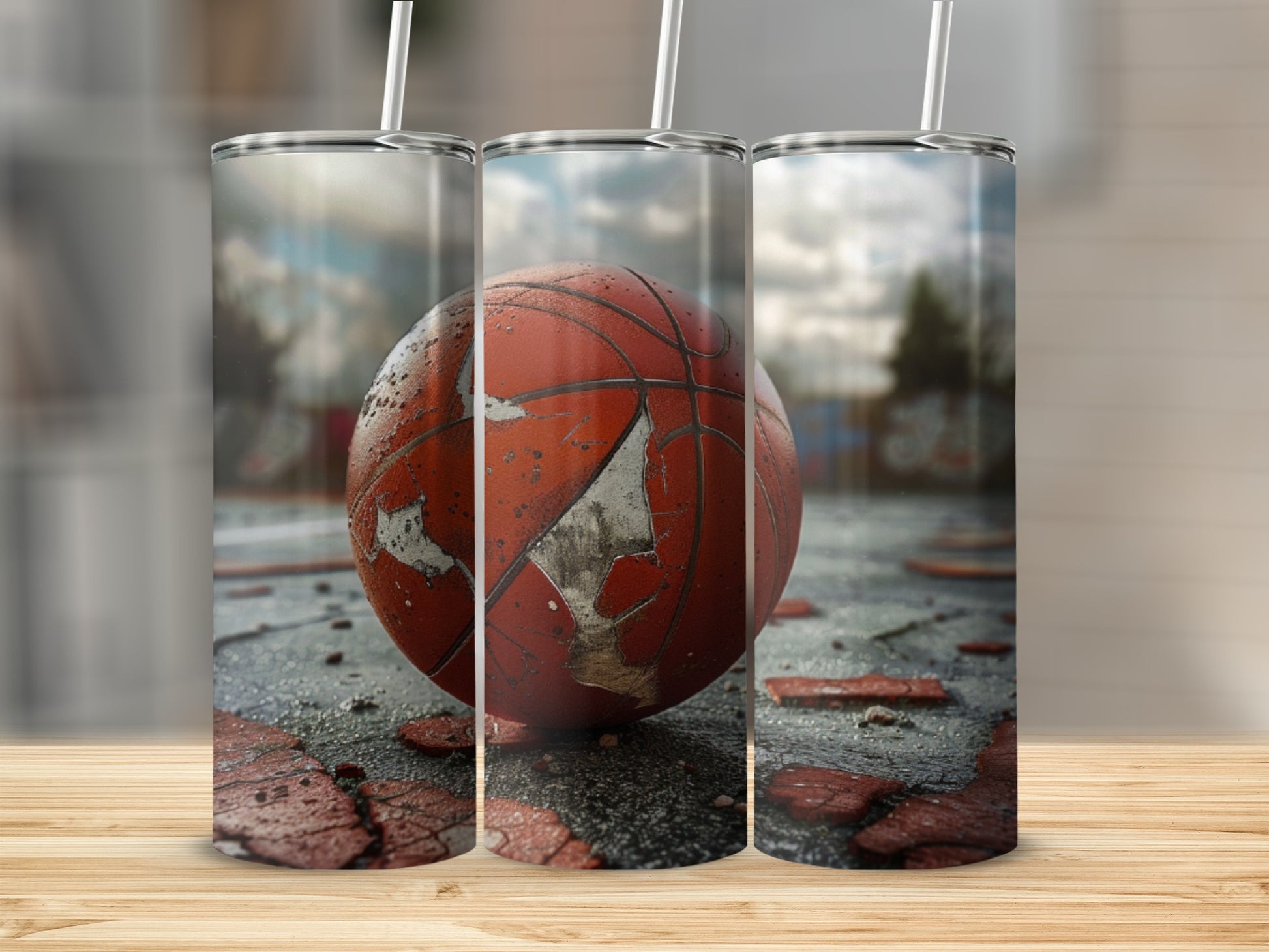 Basketball on cracked asphalt court with bokeh background.