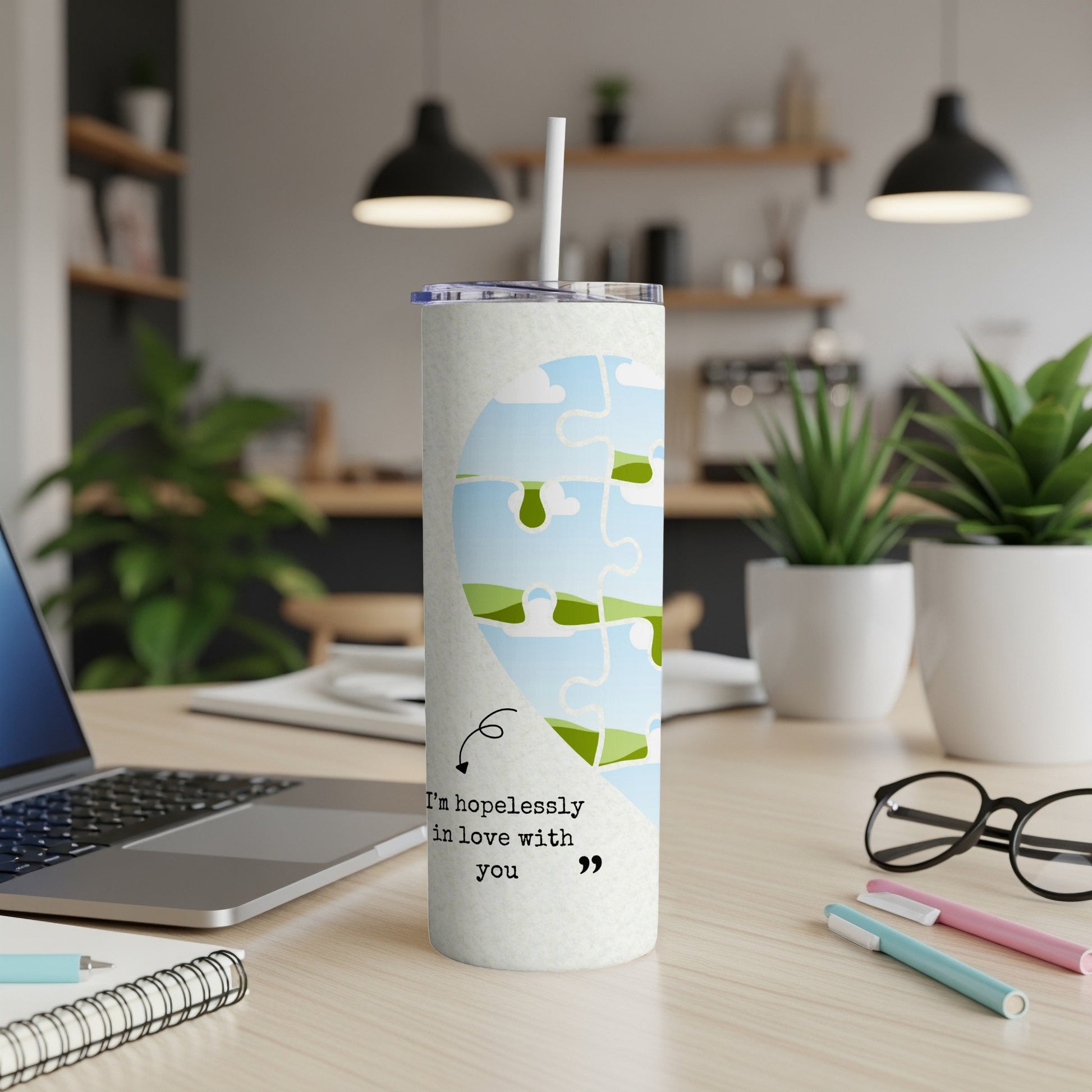 White tumbler with a heart-shaped puzzle and text "I'm hopelessly in love with you".