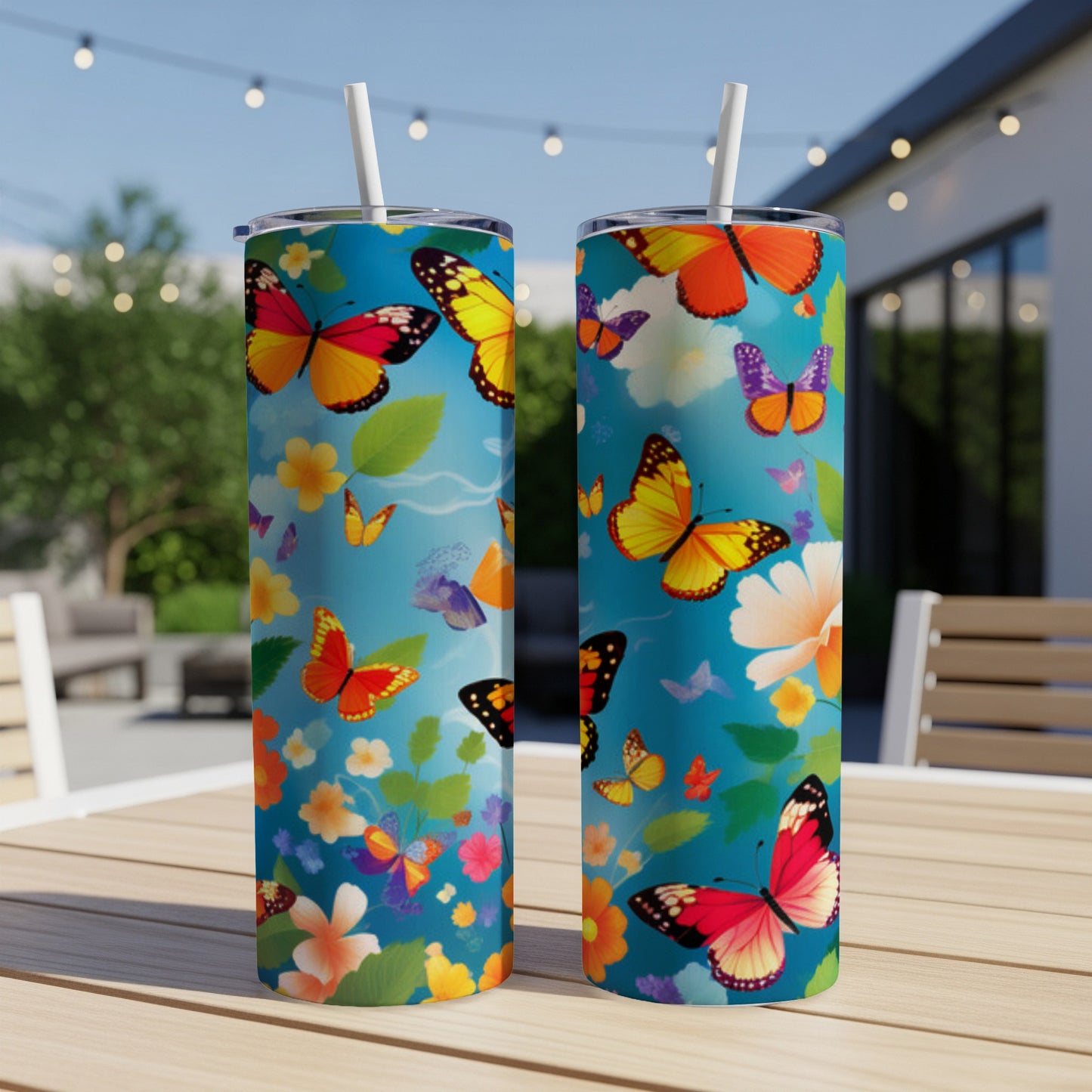 Two tumblers with a colorful butterfly and floral pattern on a table.