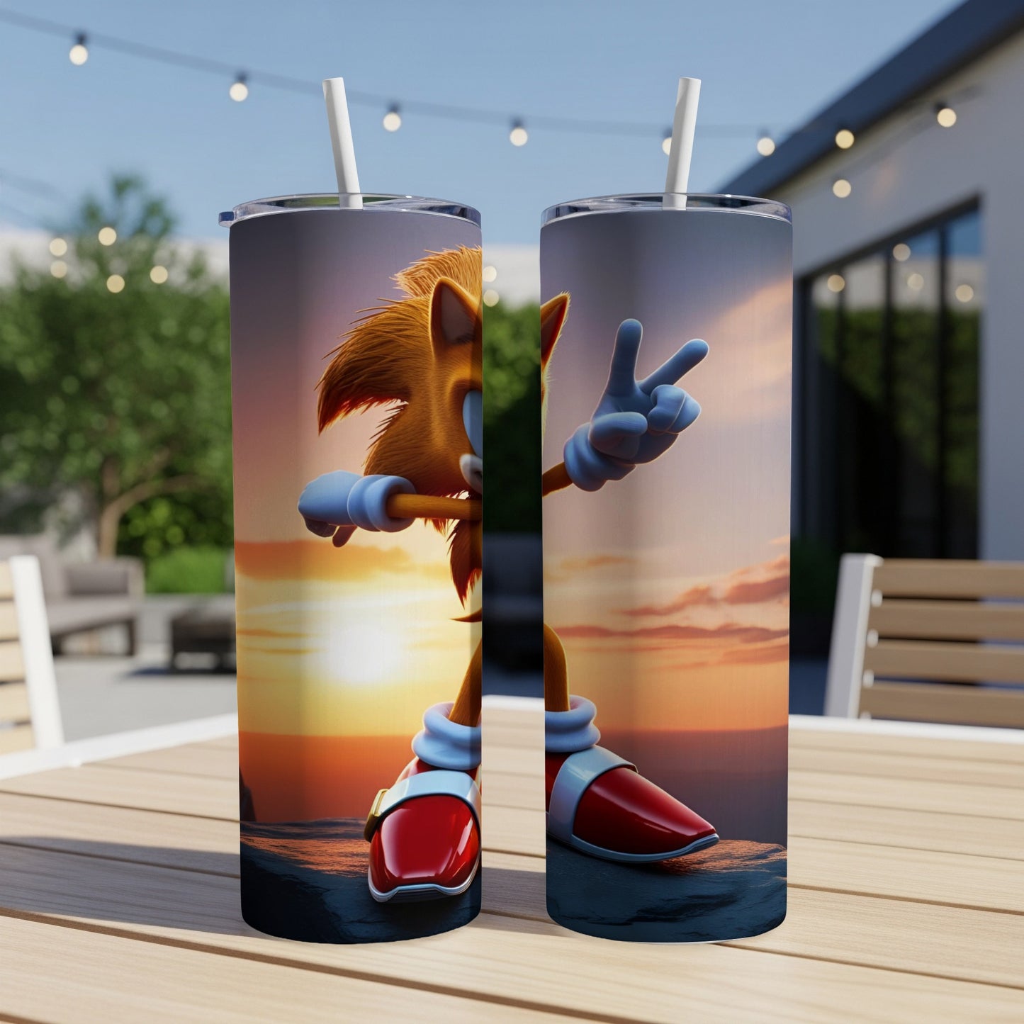 Sonic the Hedgehog character on a tumbler with sunset background.