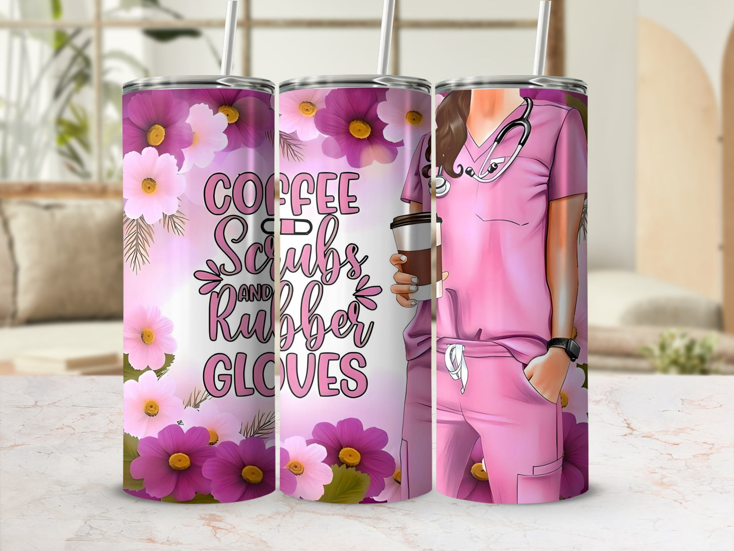 Coffee Scrubs and Rubber Gloves Floral Tumblers