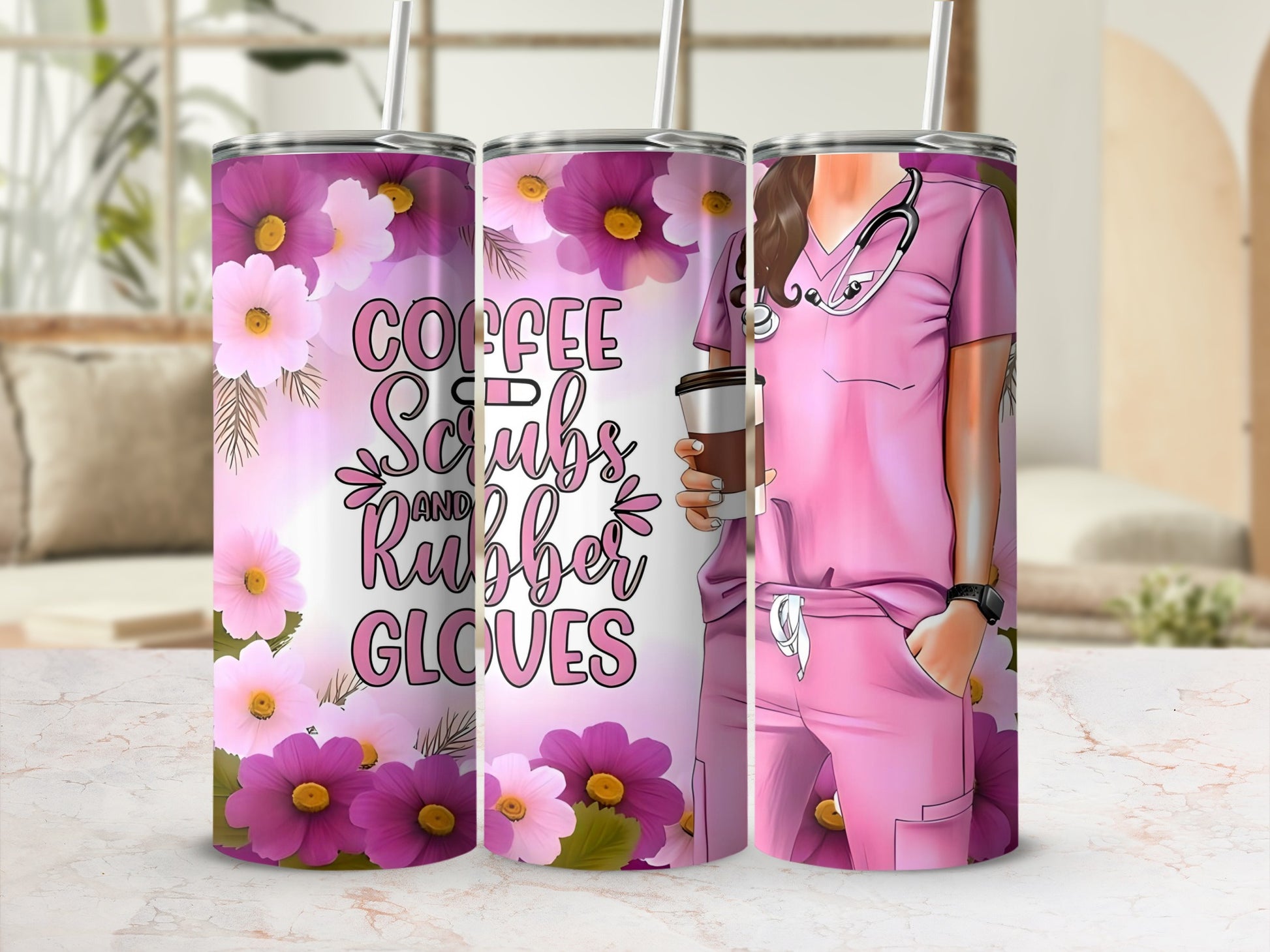 Coffee Scrubs and Rubber Gloves Floral Tumblers