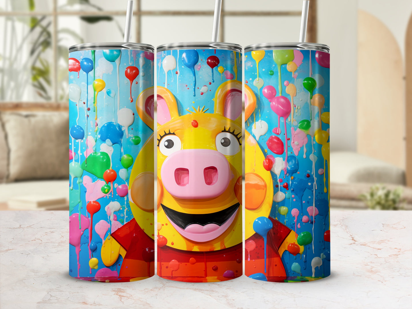 Colorful Pig Character and Balloon Design Tumbler
