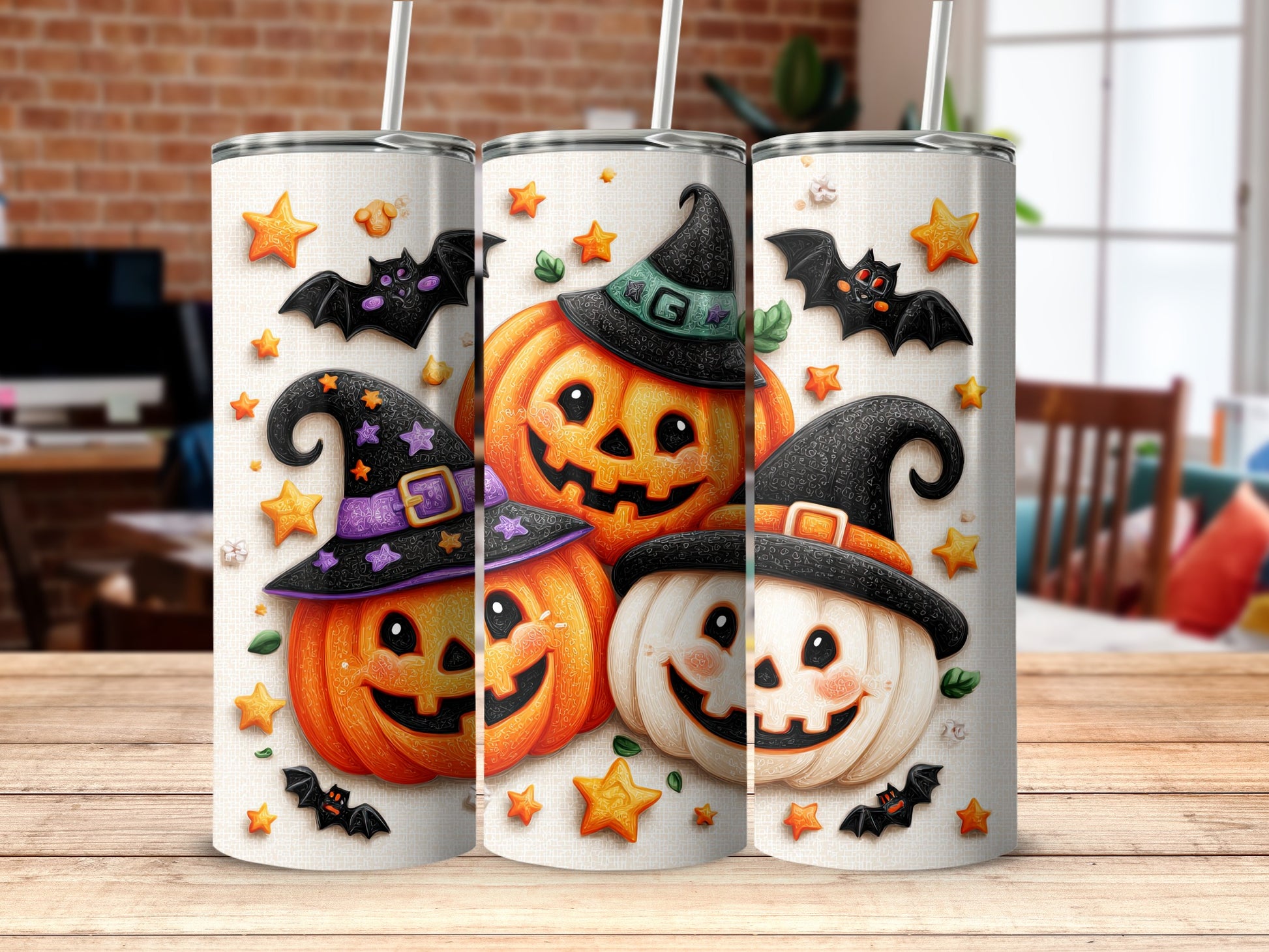 Halloween Pumpkin and Bat Themed Tumbler Decor