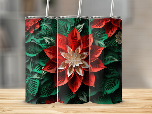 Three tumblers with red and green poinsettia floral designs.